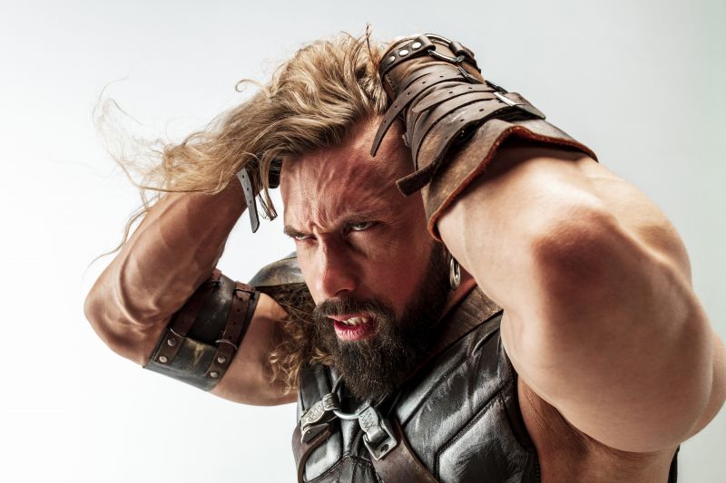 Male cosplayer as angry viking