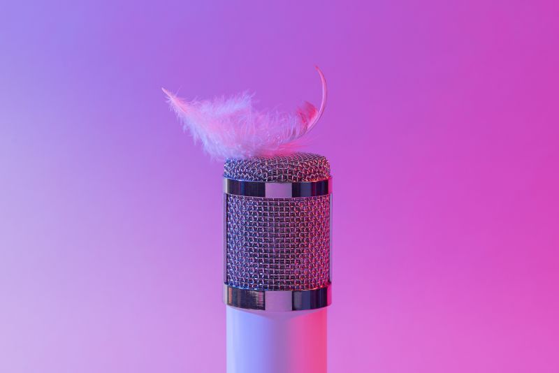 ASMR microphone with feather on pink background
