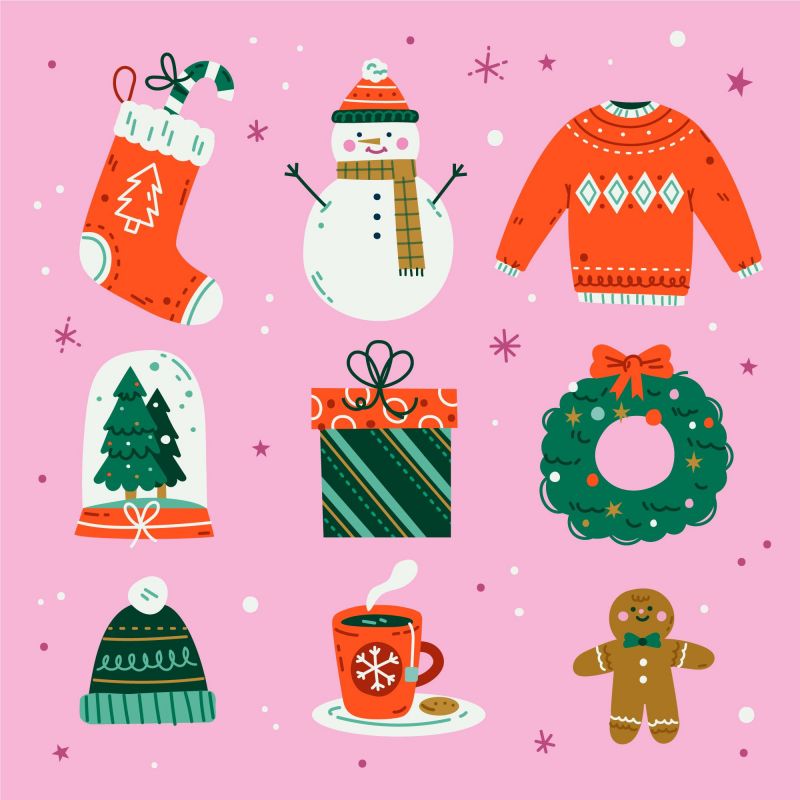 Christmas items on pink background graphic