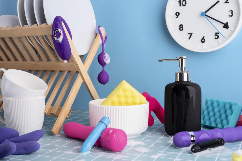 Gros plan sur des jouets sexuels en cours de nettoyage dans la cuisine 