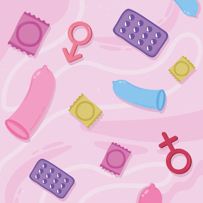 Graphic of contraceptives on pink background