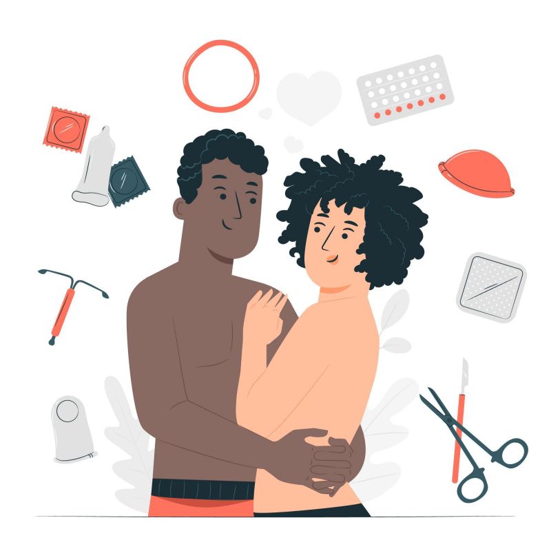 Graphic of couple embracing with different contraceptives