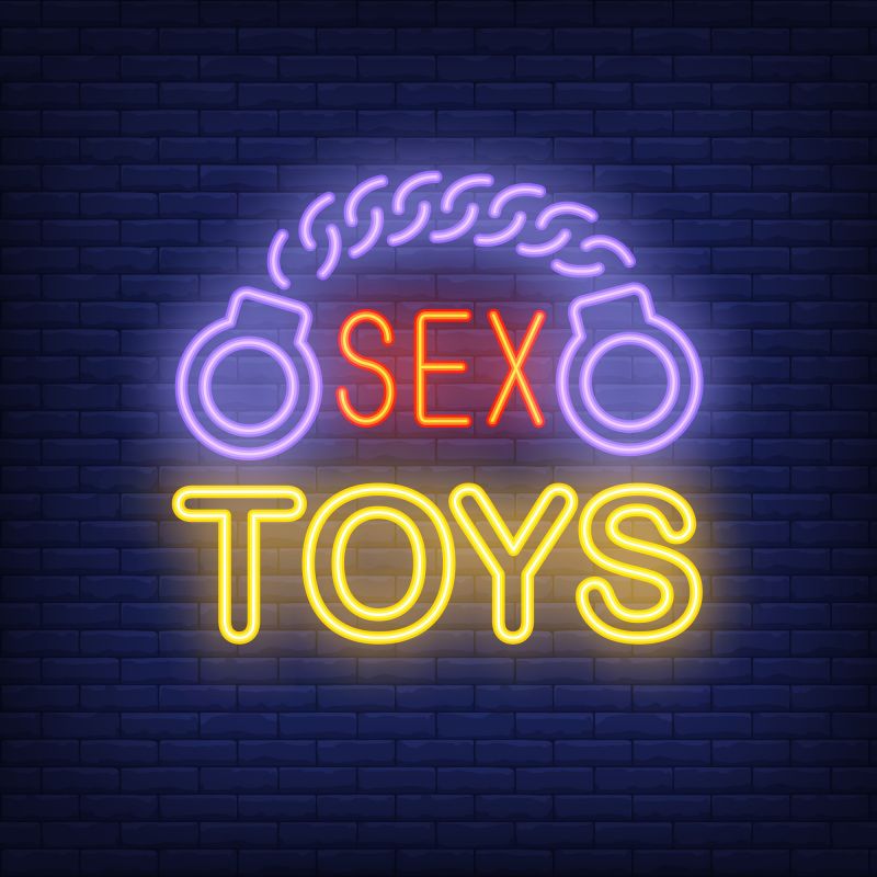 Graphic of handcuffs and sex toy signage