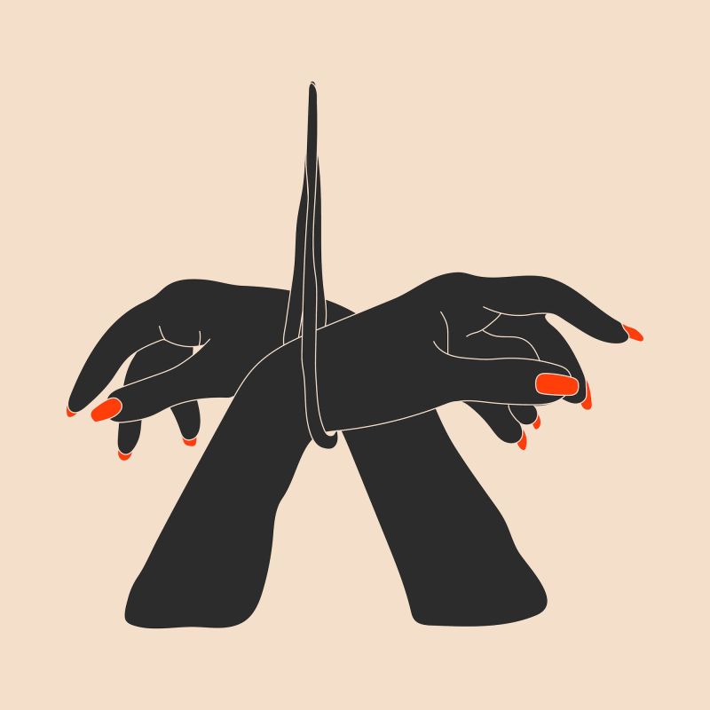 Graphic of female hands in black rope cuffs