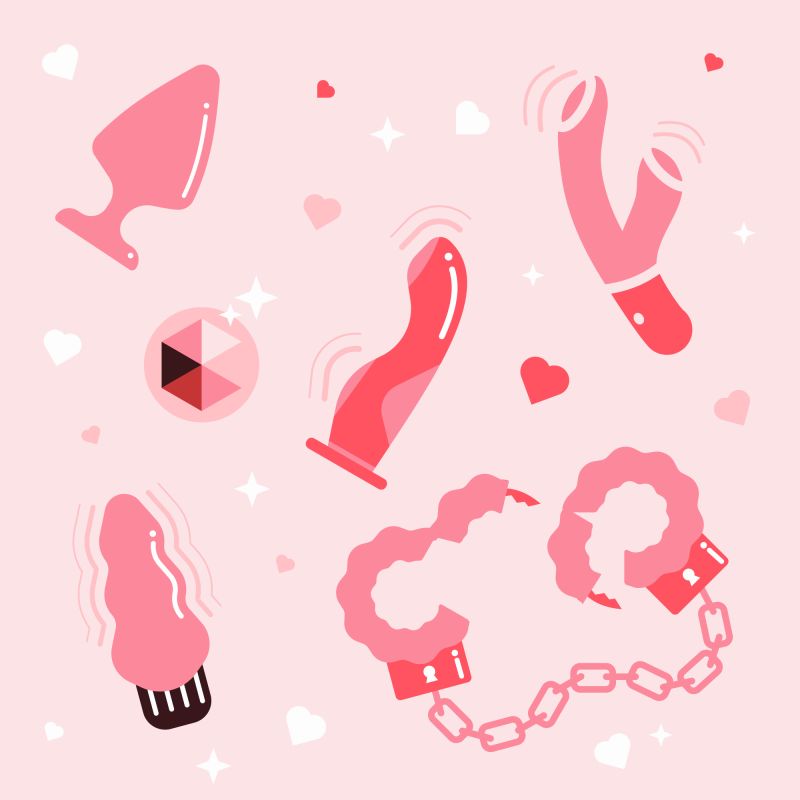 Pink graphic of sex toys and handcuffs