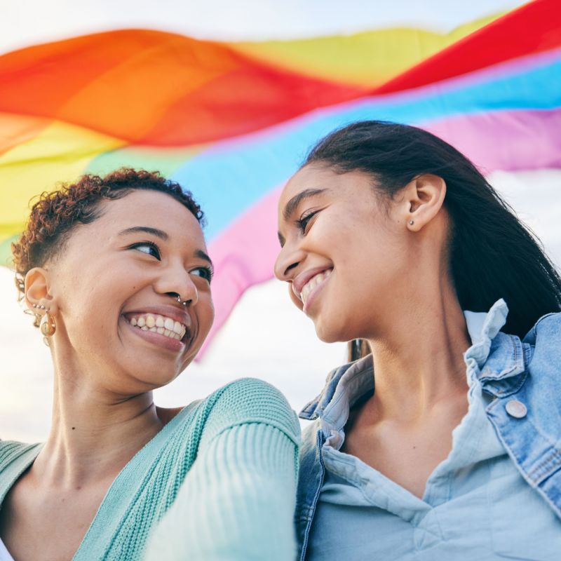 Happy queer couple in front of pride flag