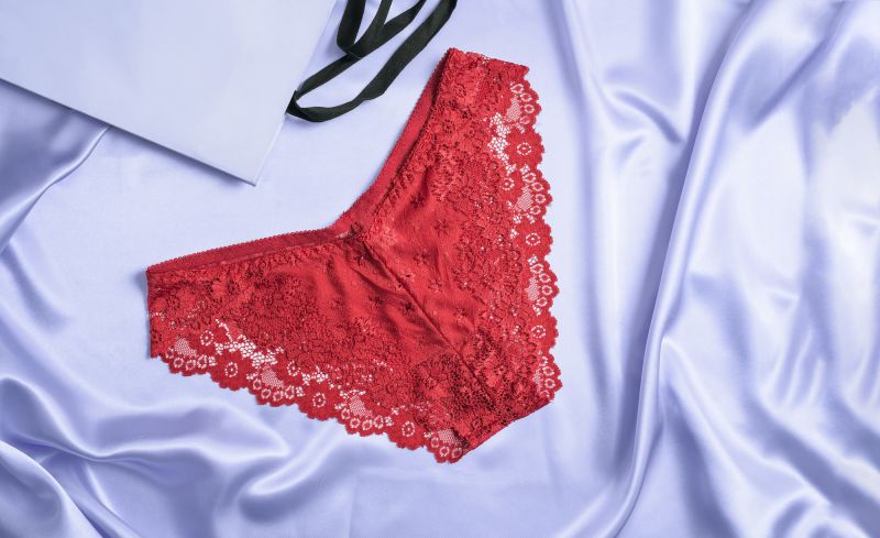 Lace red panties on satin background