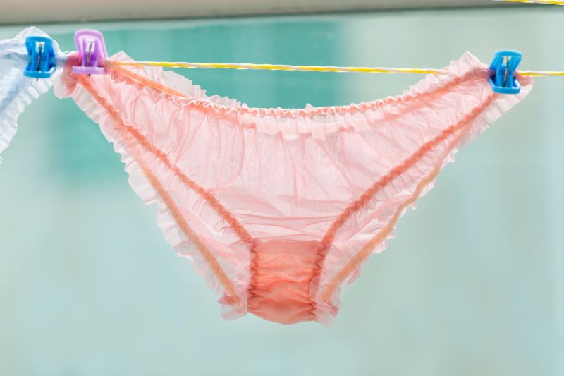 Pink underwear hanging to dry