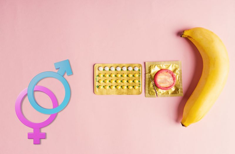 Sexual health condom wrapper banana contraceptive pill