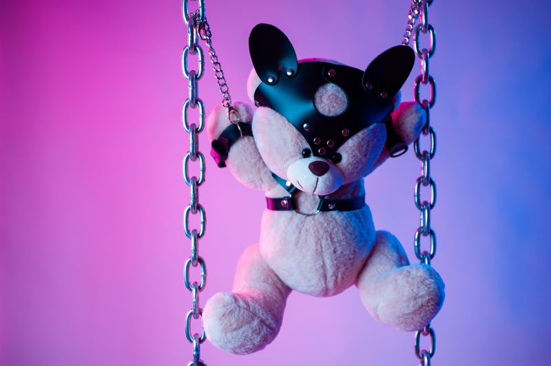 Teddy bear in BDSM gear and chains