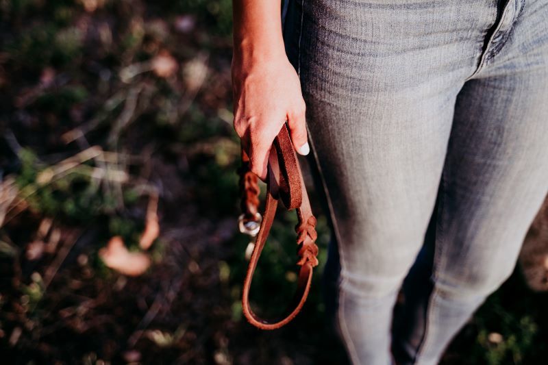 Woman holding dog leash outdoors