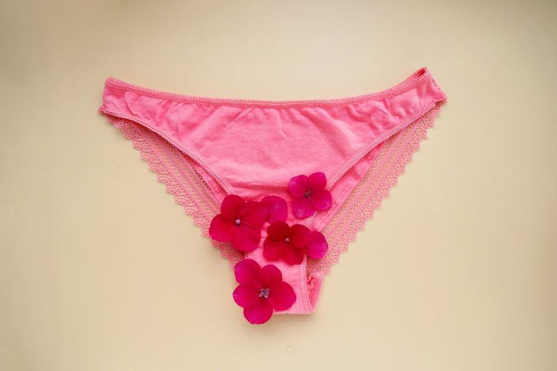 Women's health concept pink panties with red flowers